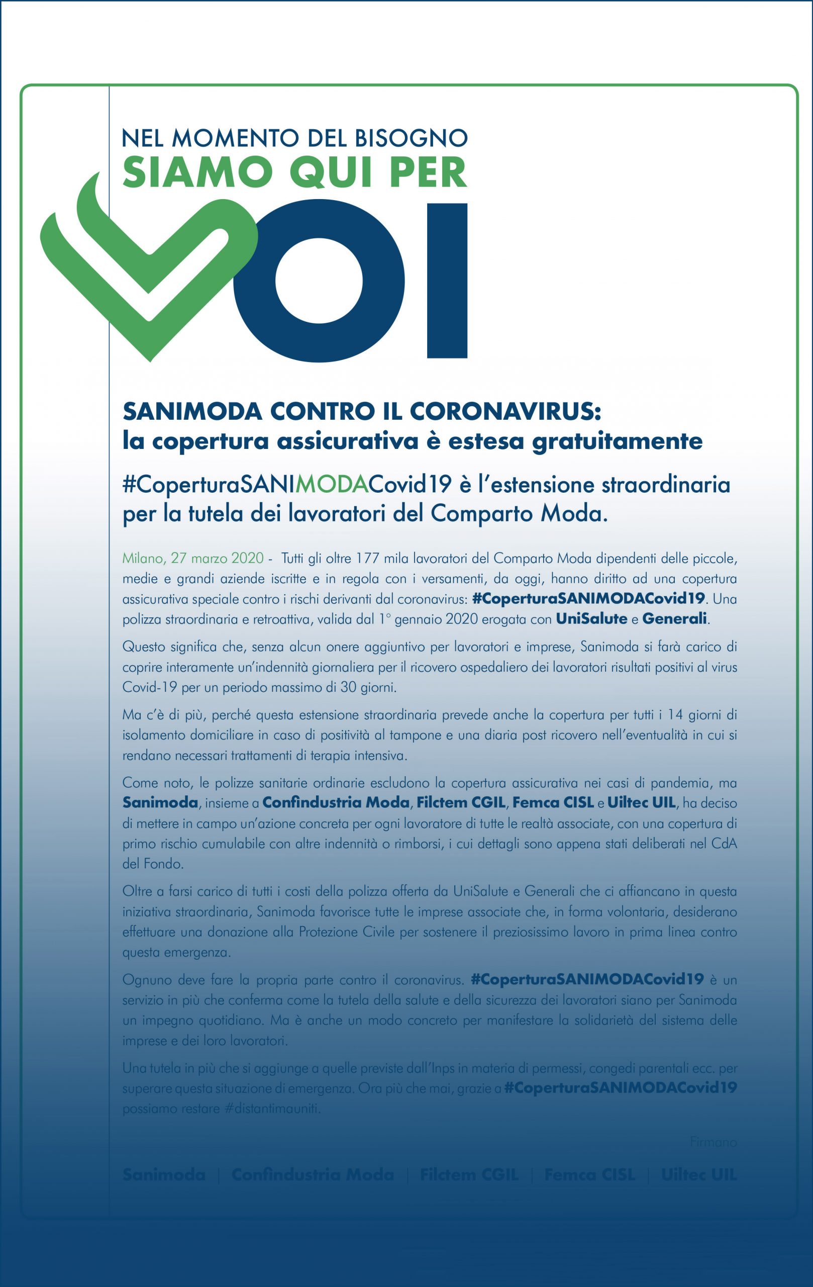 Sanimoda contro il coronavirus: la copertura assicurativa è estesa gratuitamente