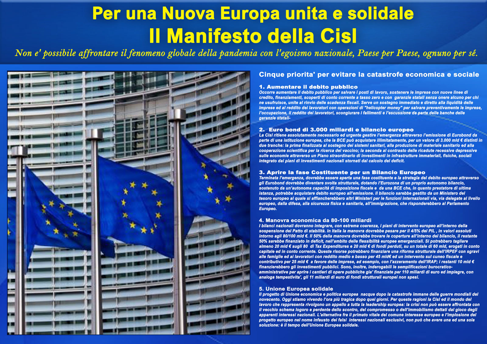 Coronavirus. Il Manifesto della Cisl per la Nuova Europa unita e solidale: 5 punti programmatici per evitare la catastrofe economica e sociale.